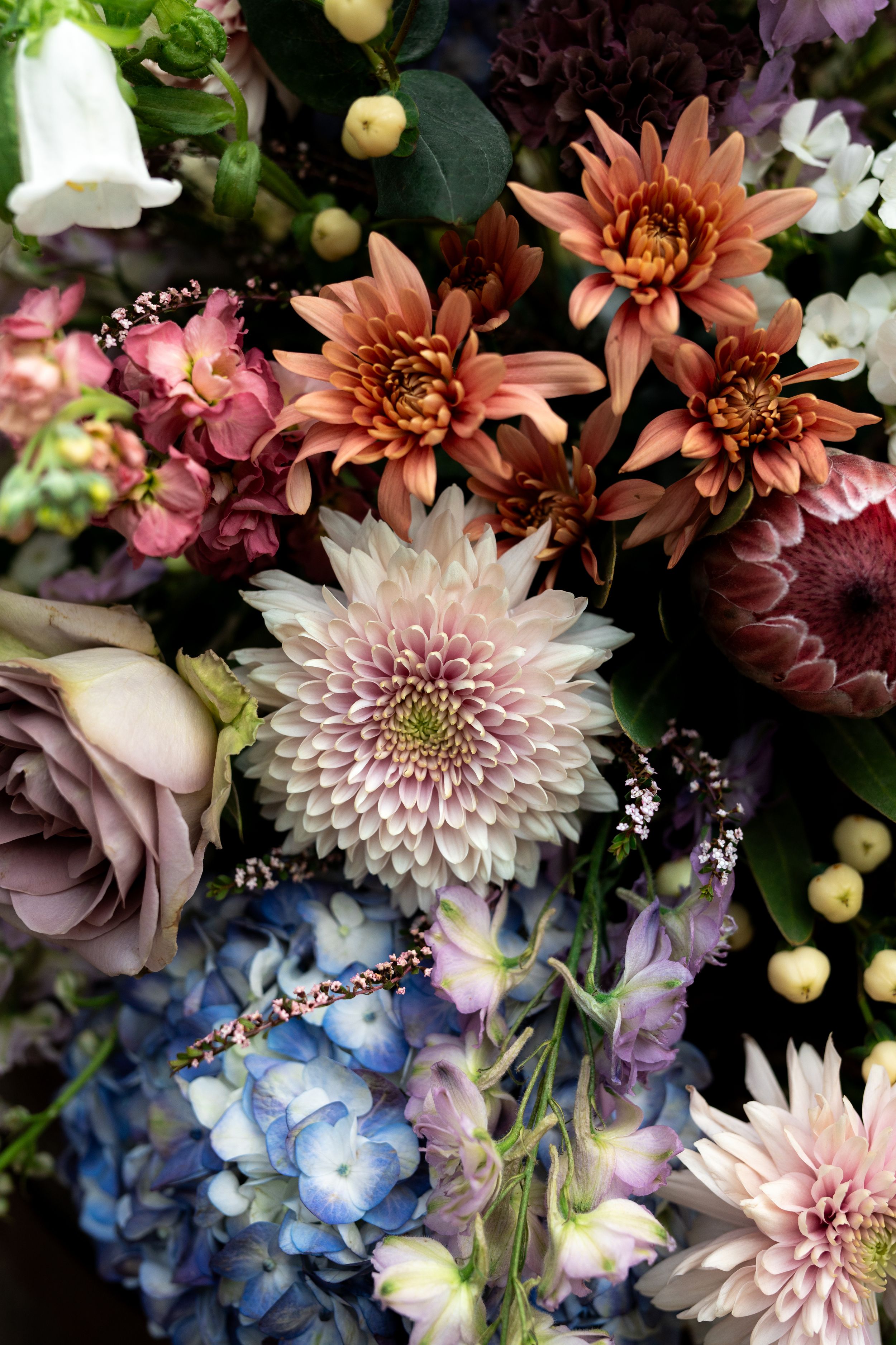 Close-up of wedding bouquet with pink chrysanthemums, blue hydrangeas, and delicate white flowers.