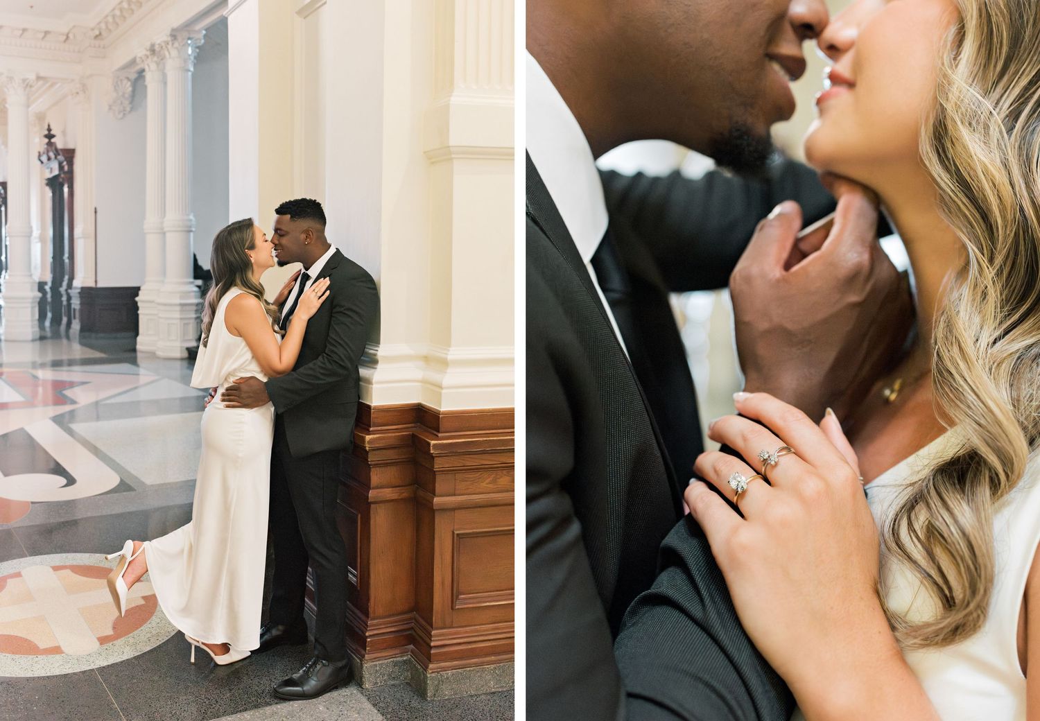 Intimate wedding photos showing tender moments and a close-up of hands touching.