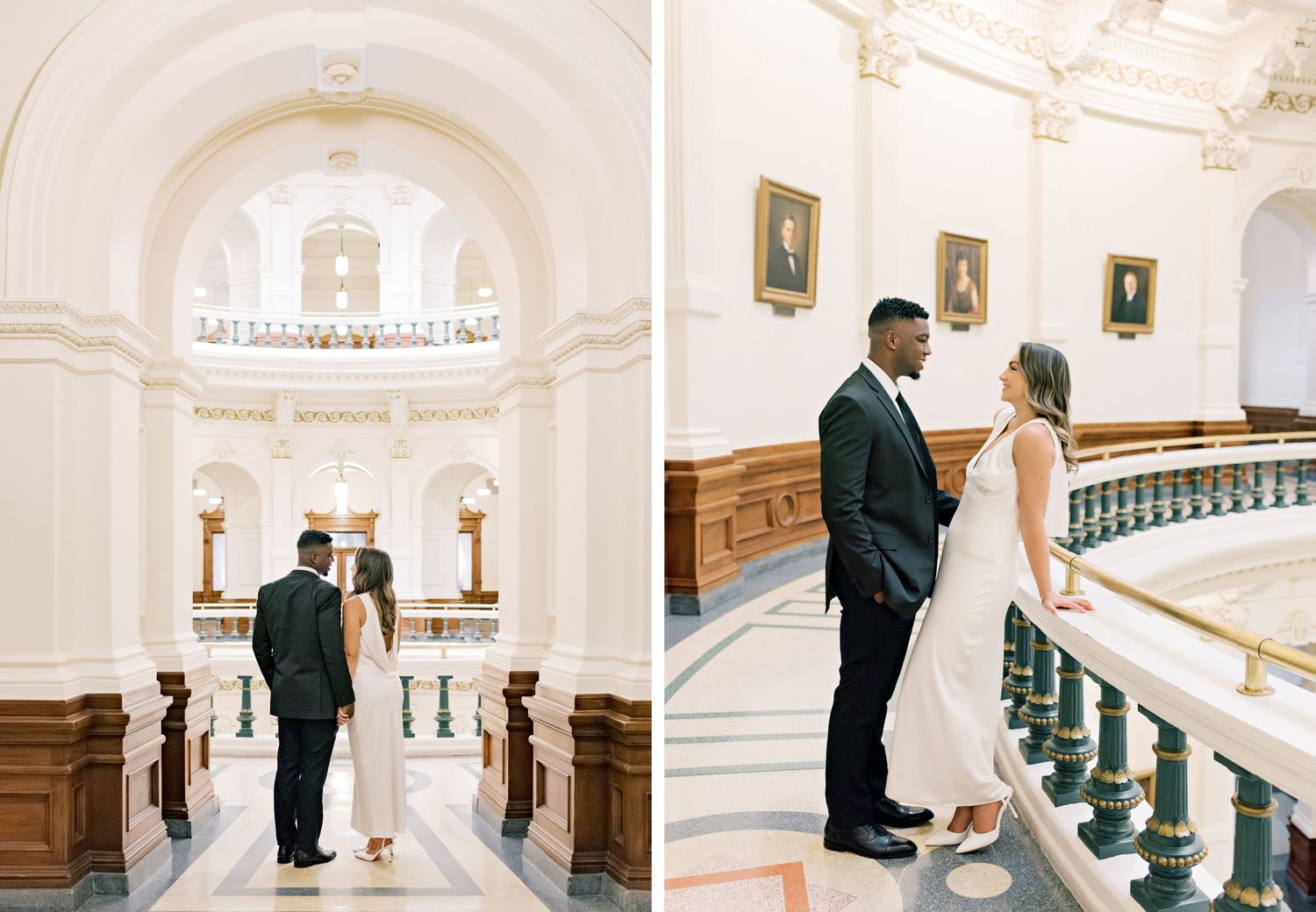 Two wedding portraits in a classical building with arched ceilings and ornate details.