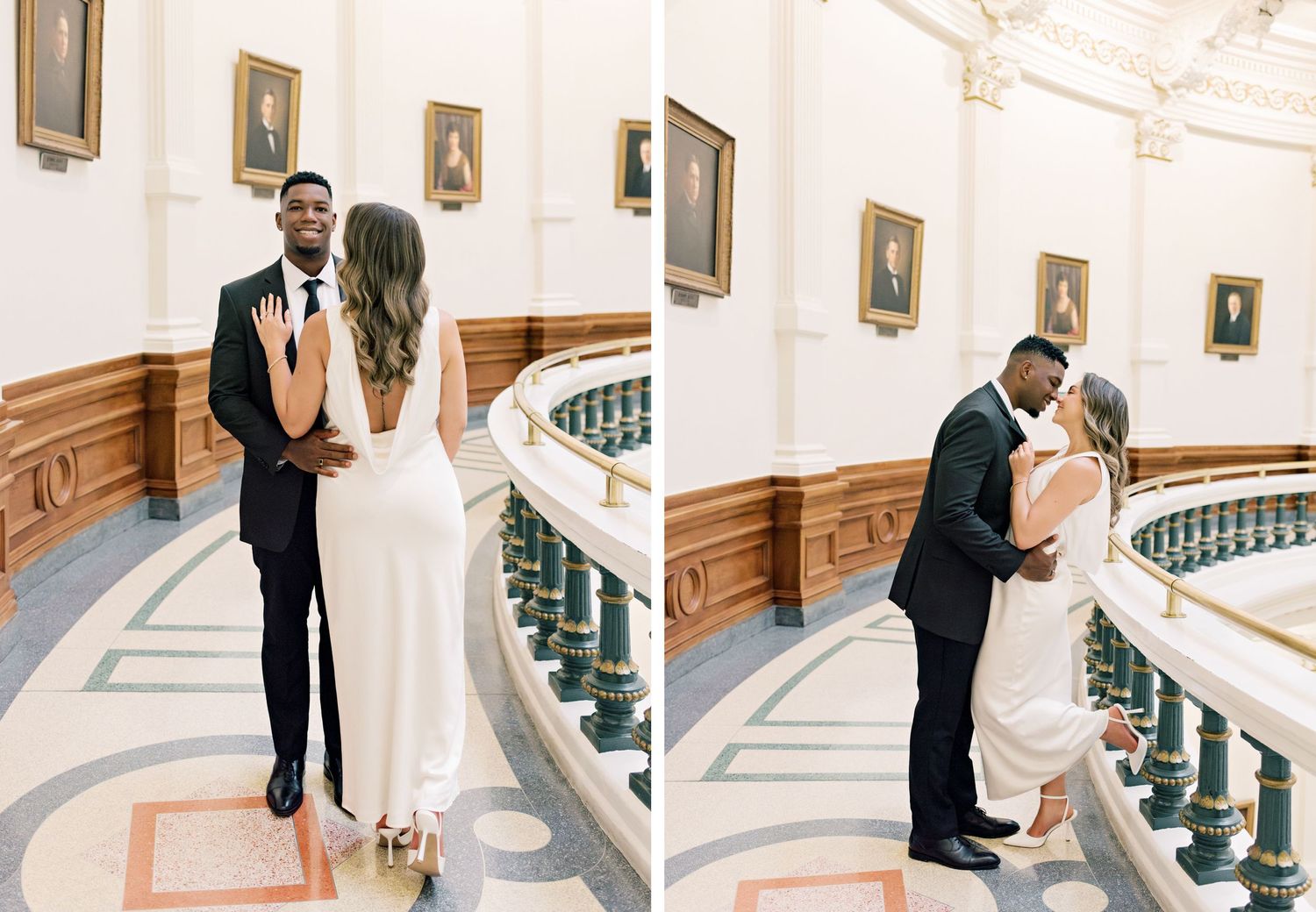 Two side-by-side wedding photos showing loving moments along a curved marble railing.