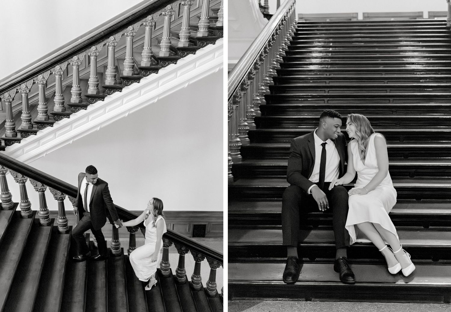 Black and white photos of a couple sitting and posing on grand interior staircases.