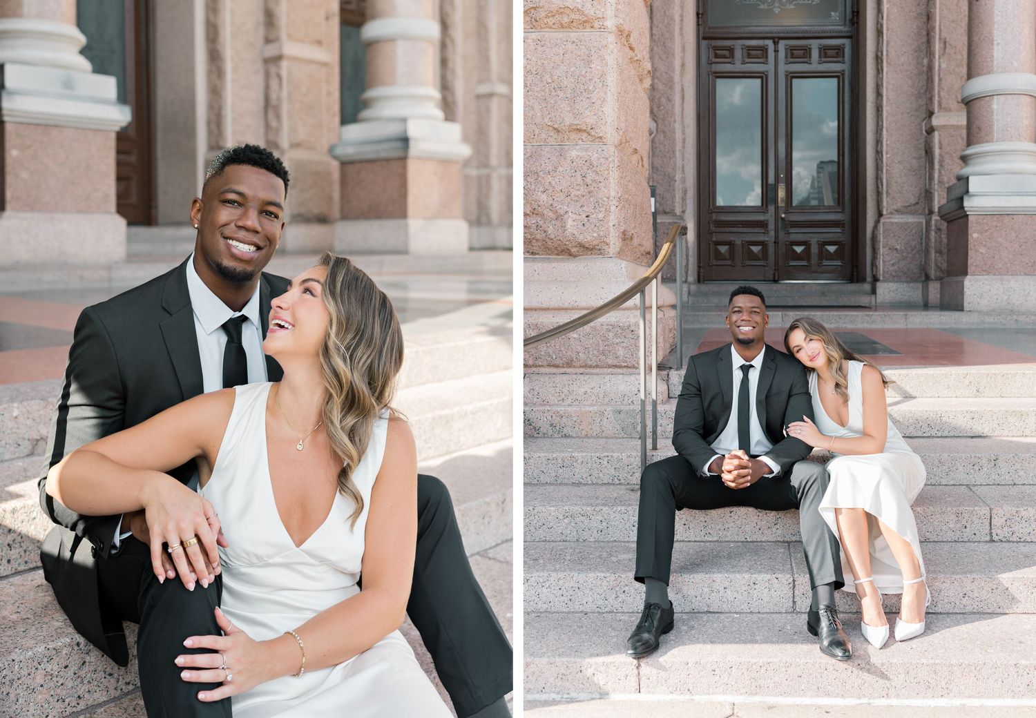 A couple sharing intimate moments on the steps of a historic building with pink stone columns.