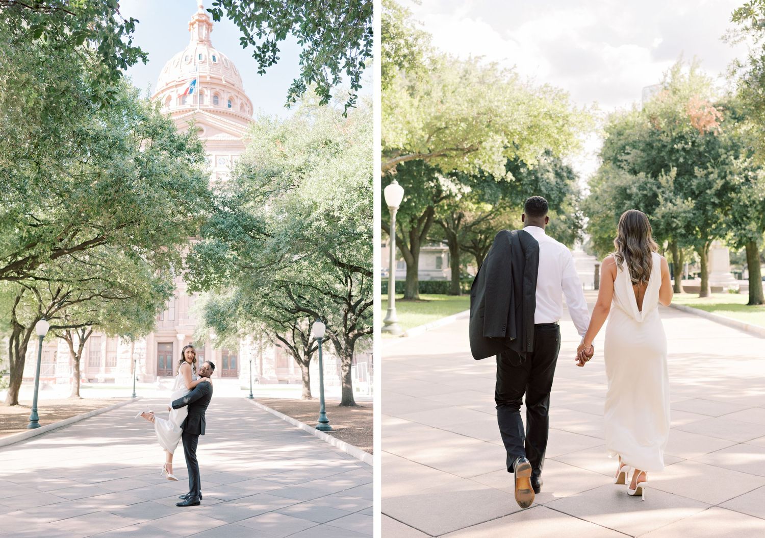 Two views of a couple walking and posing near a domed building with tree-lined paths.