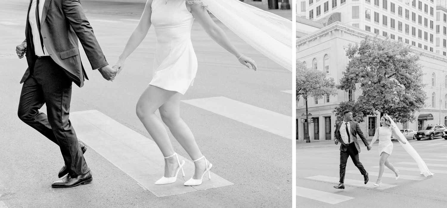 Black and white photos showing playful poses of a couple on city streets.