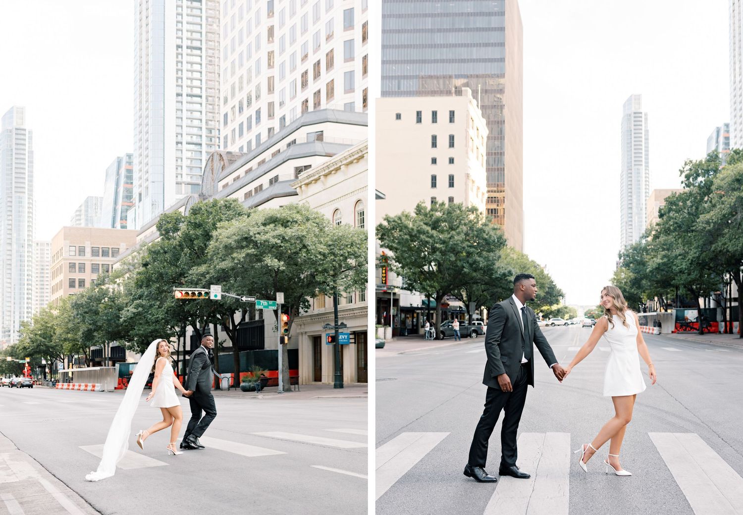 Two shots of a couple dancing and holding hands while crossing a downtown city street.