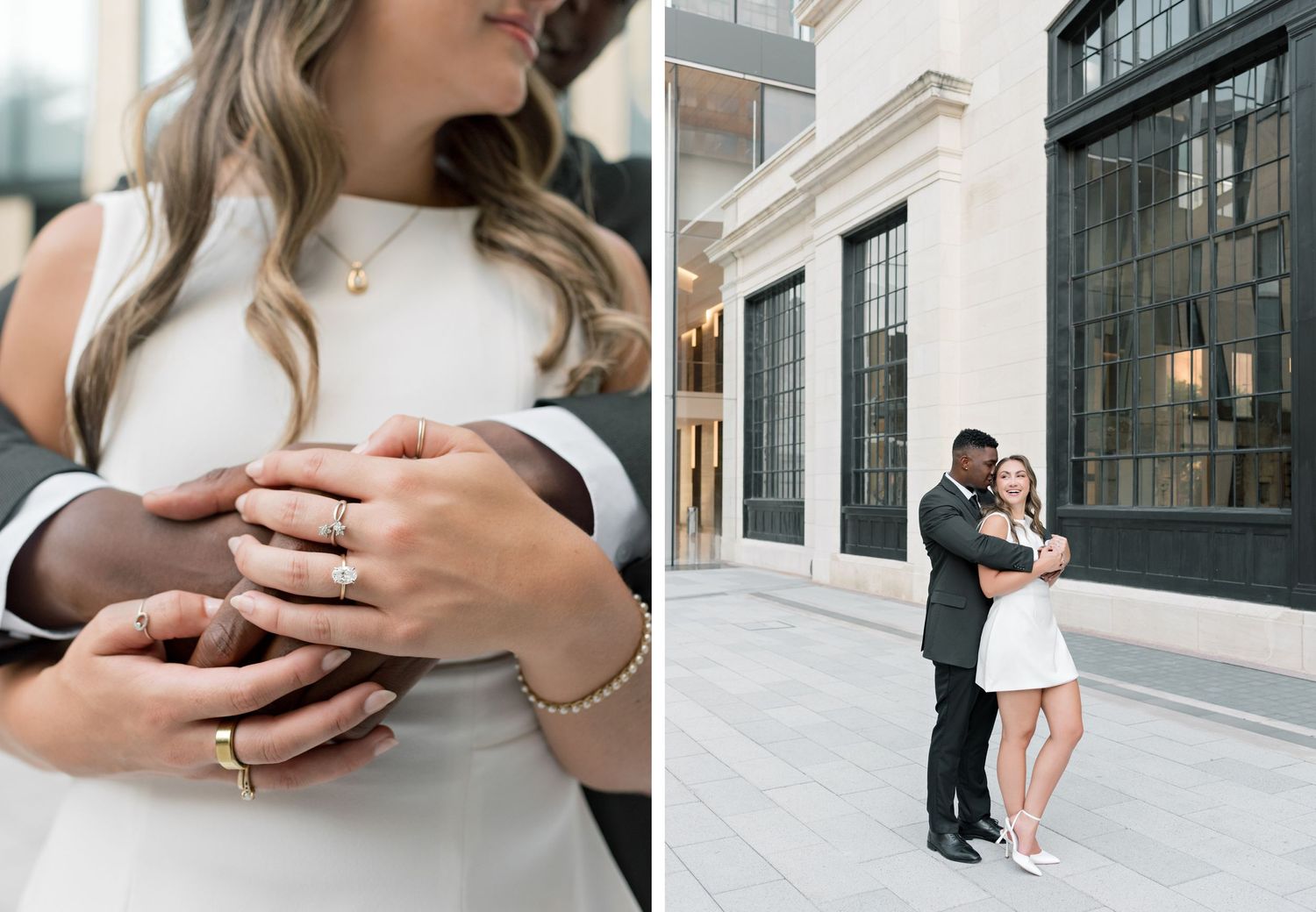 A couple dressed in formal attire embracing in front of a modern building exterior.
