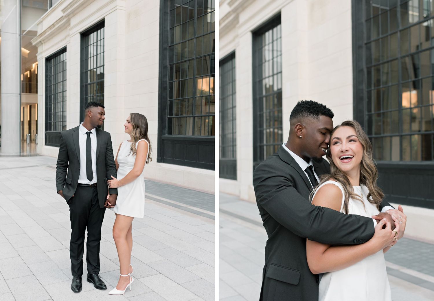 Two side-by-side photos of a couple in formal wear showing affectionate moments.