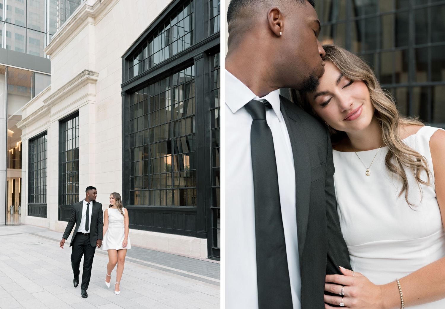 Split image showing a couple walking and embracing in formal wear against modern architecture.