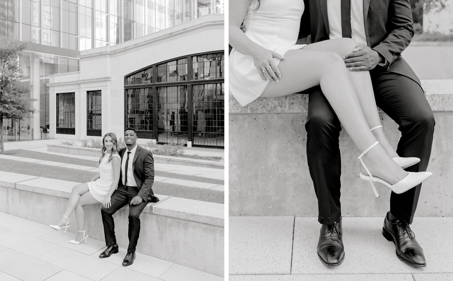 Black and white photos of a couple in formal wear sitting on steps and showing details.