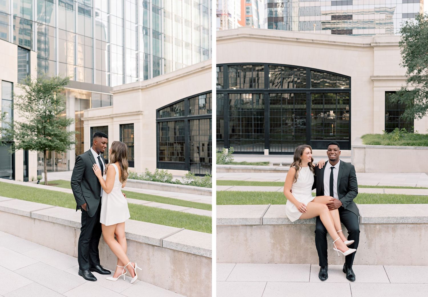 Romantic couple poses in elegant attire against modern urban building backdrop in two styled shots.