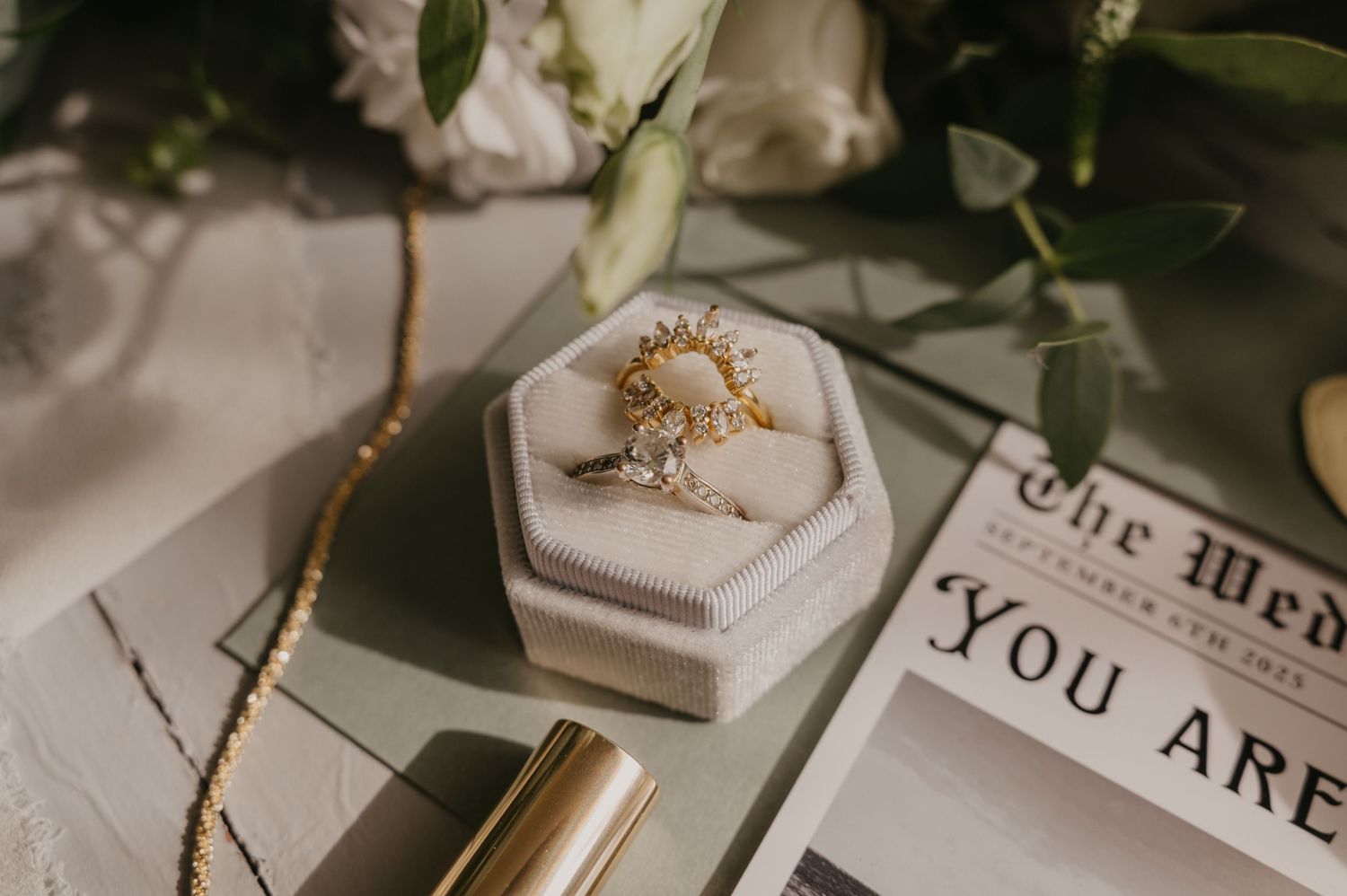 Wedding details featuring delicate floral arrangements, paper invitations, and elegant decor in soft neutral tones.