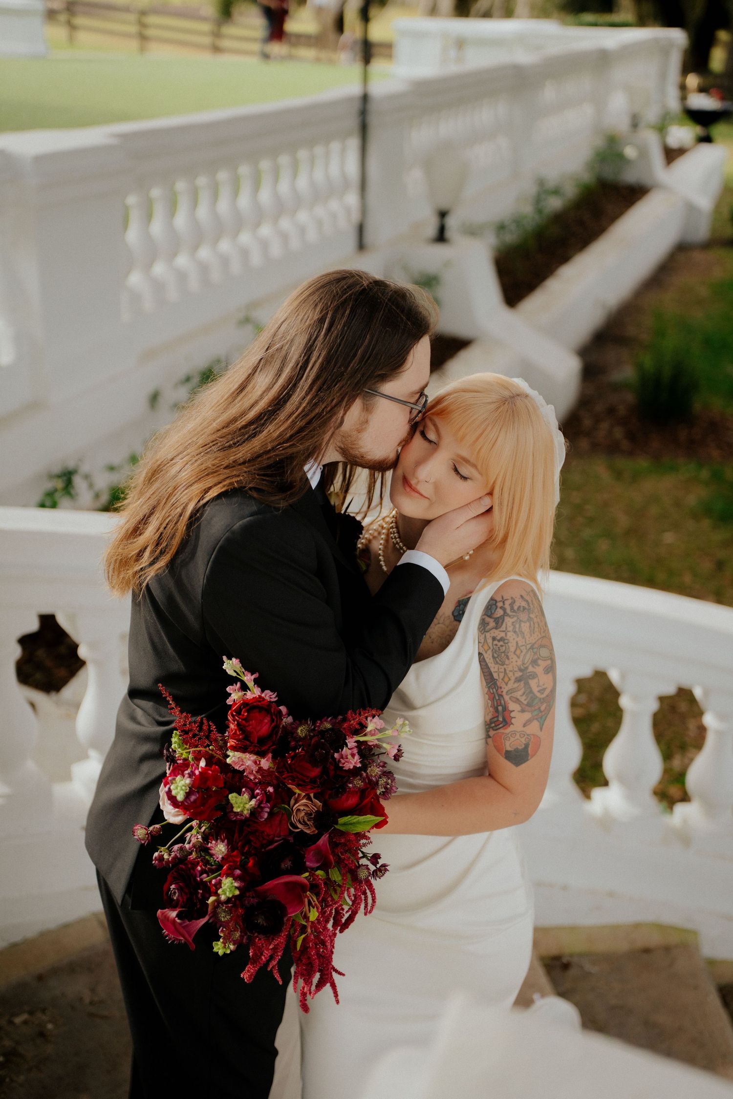 A series of romantic wedding photos showing tender moments between a couple at Bella Cosa