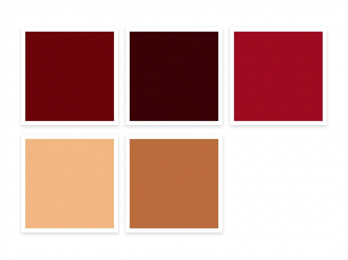 A color palette featuring deep burgundy red and warm peach tones arranged in a row.