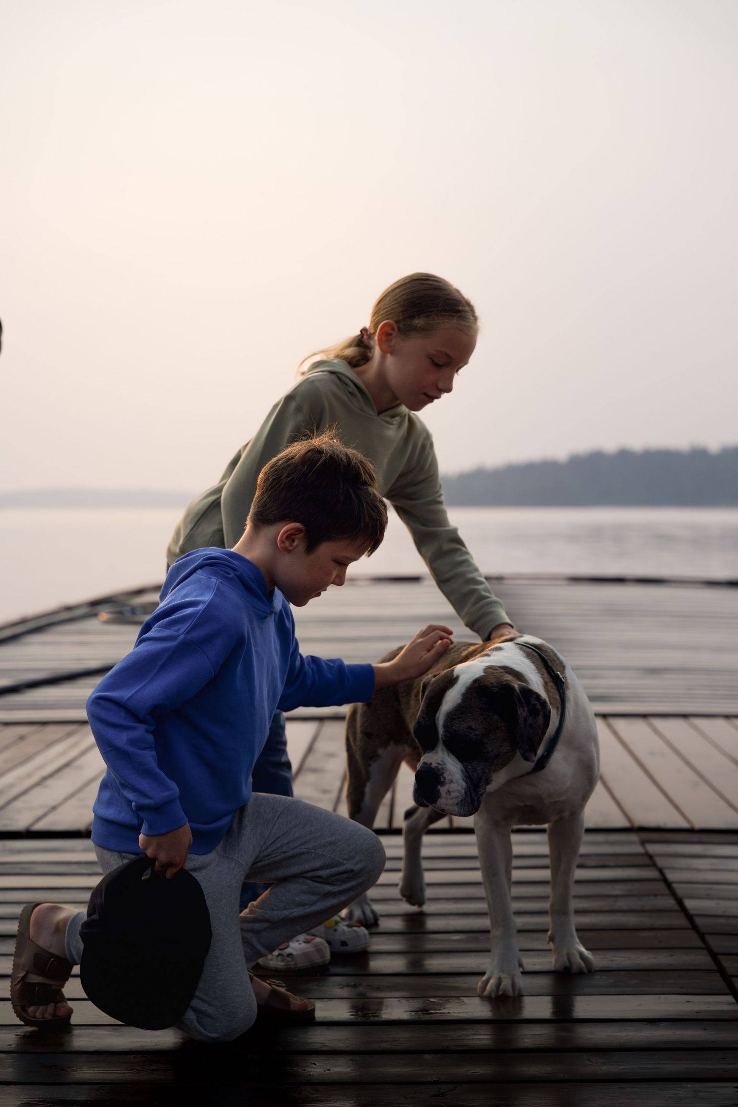 People interacting with a friendly dog on a wooden dock by the water.