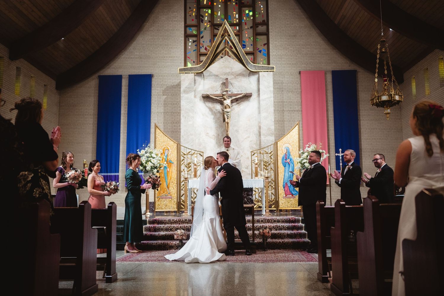 A series of wedding ceremony photos in a church sanctuary showing different angles of the altar and guests.