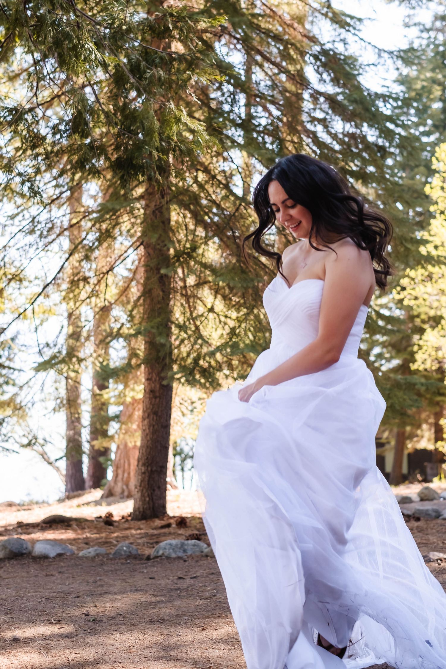 A bride in a flowing white wedding dress twirls playfully among tall evergreen trees in a forest setting. Lake Tahoe CA