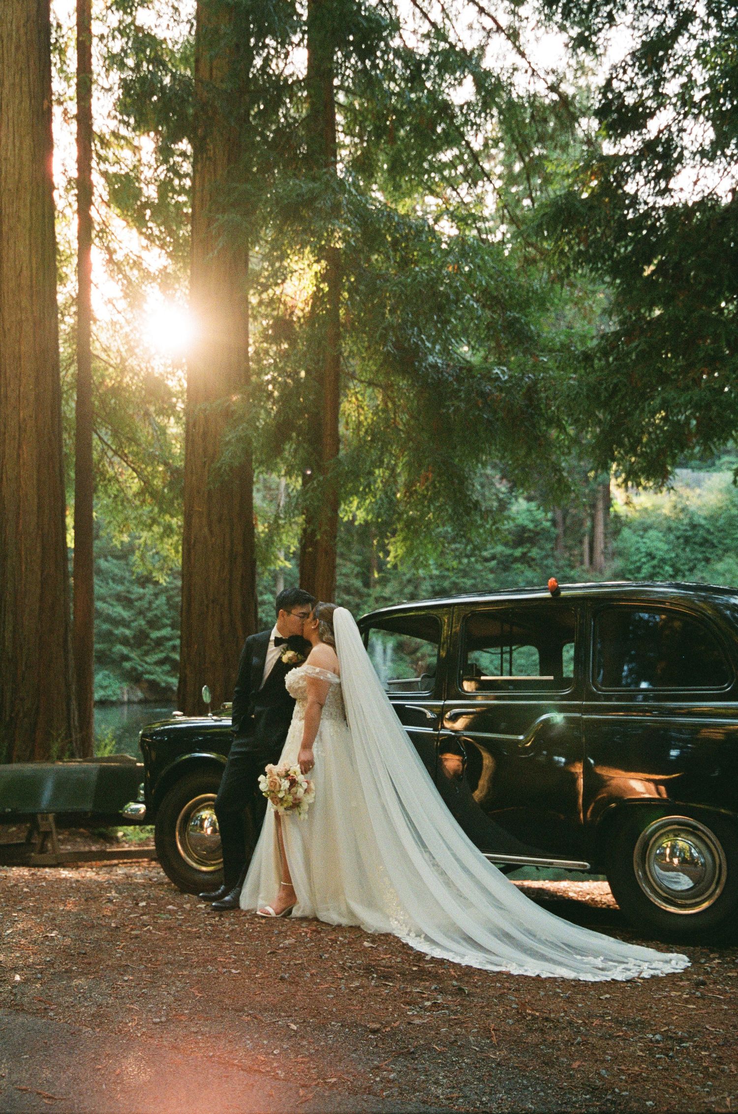 A vintage black car parked in a sunlit redwood forest creates a romantic wedding scene with flowing white dress and veil.