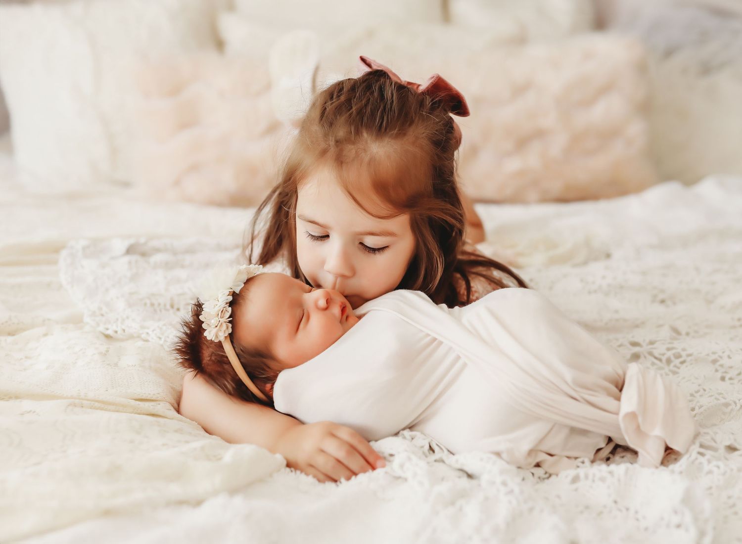 A series of soft, dreamy images showing someone resting peacefully on white bedding in natural light.