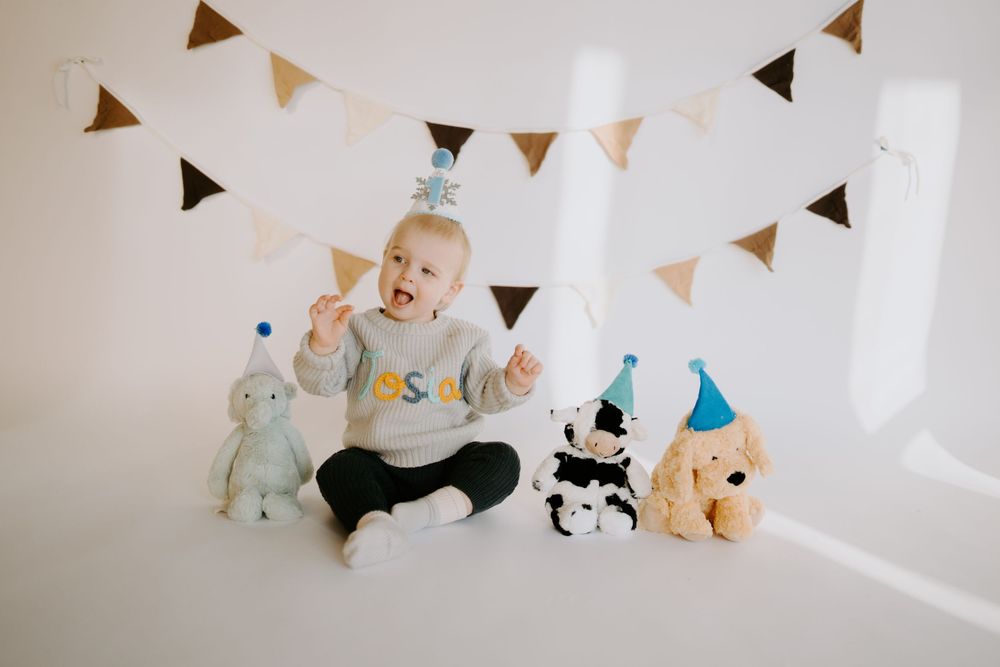 Celebratory setup with stuffed animals and triangle banners in minimalist white room.