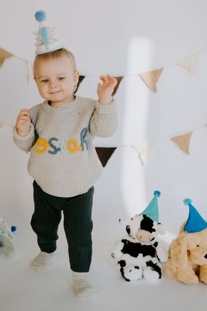 Toddler in gray sweater standing with plush toys and party decorations.