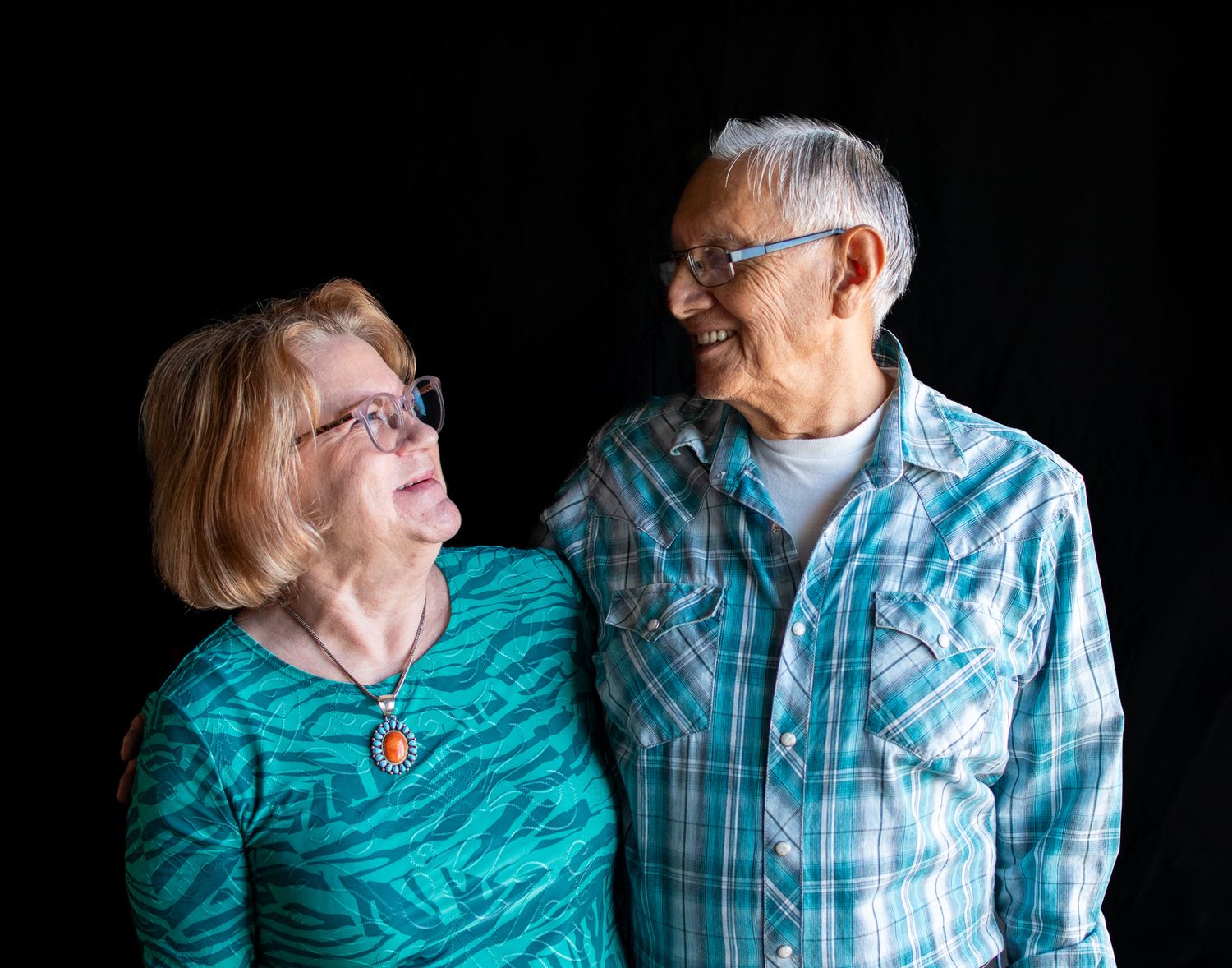 anniversary, love, elderly couple, black, studio, turquoise, portraits, studio
