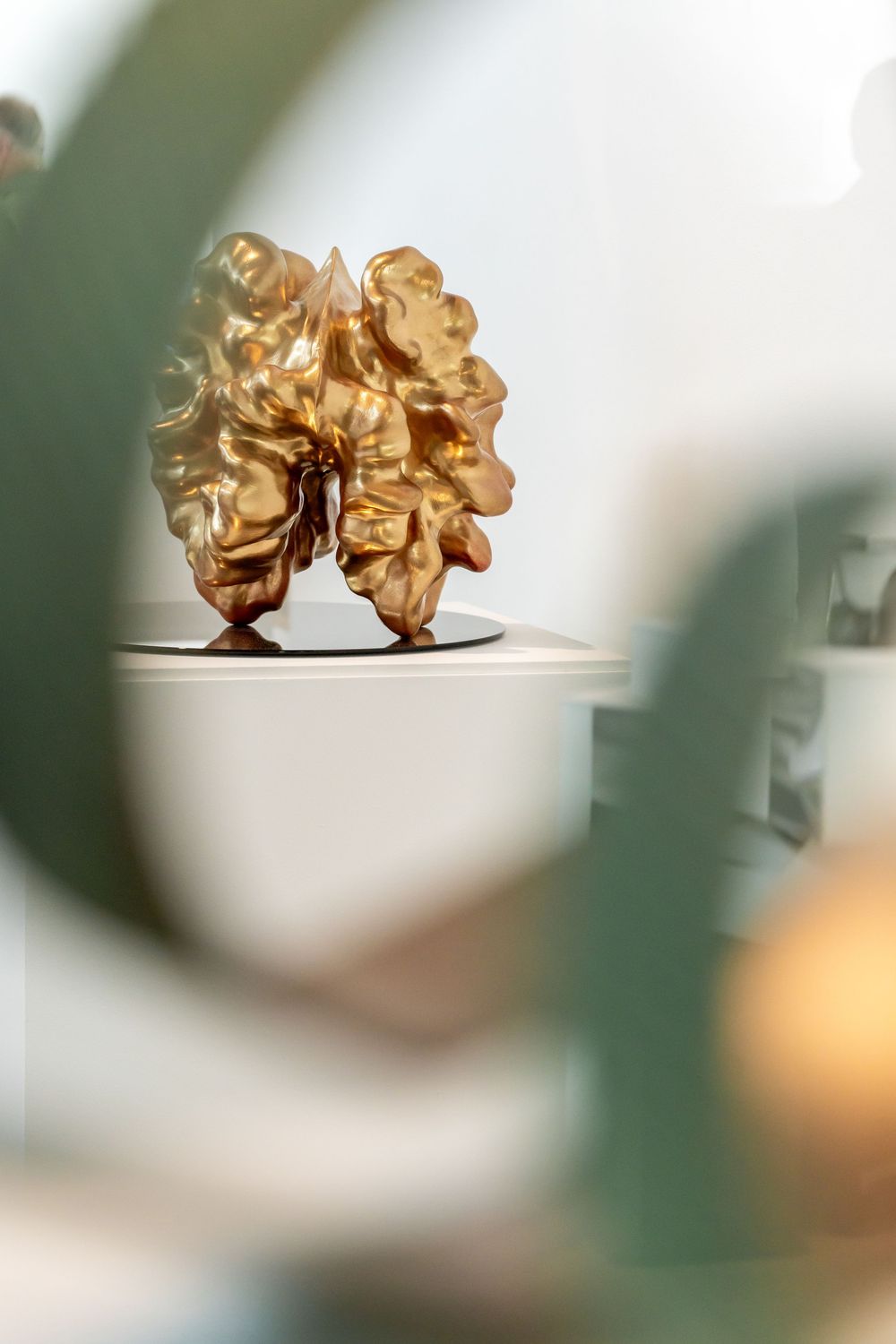 Golden decorative ceramic pieces sit elegantly on a white surface with soft blurred background lighting.