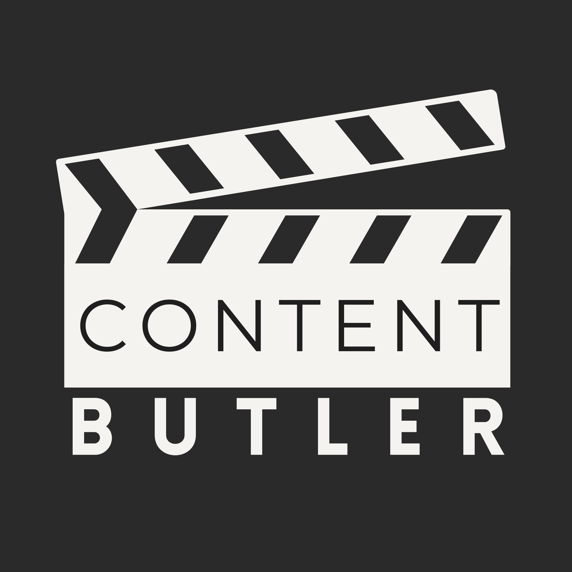 A minimalist black and white logo design for Content Butler featuring stylized CB letters divided by a vertical line.
