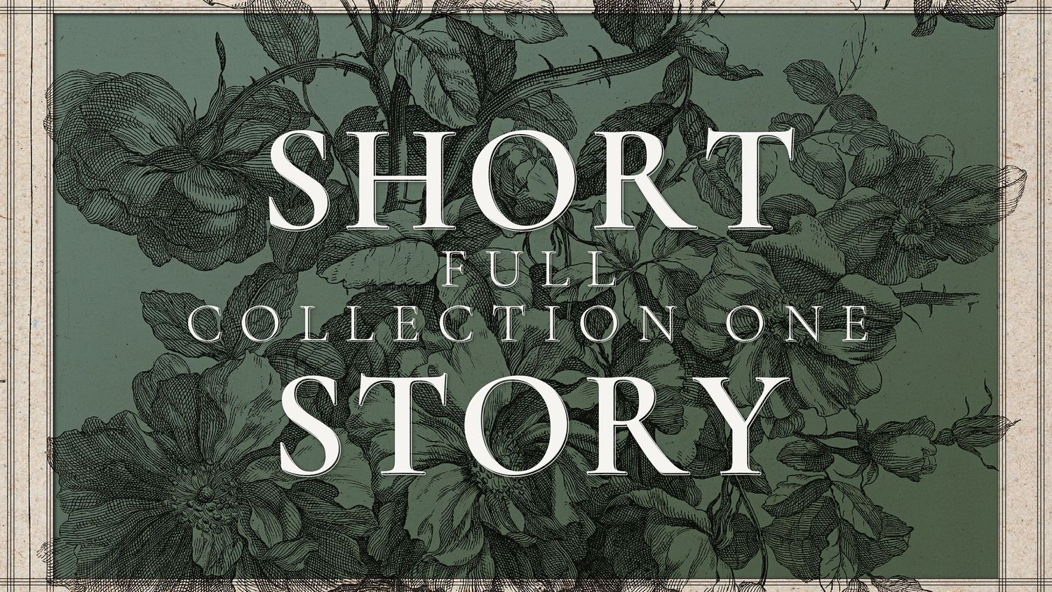 Vintage book cover design featuring elegant floral pattern with text 'Short Story Collection One' on green background.