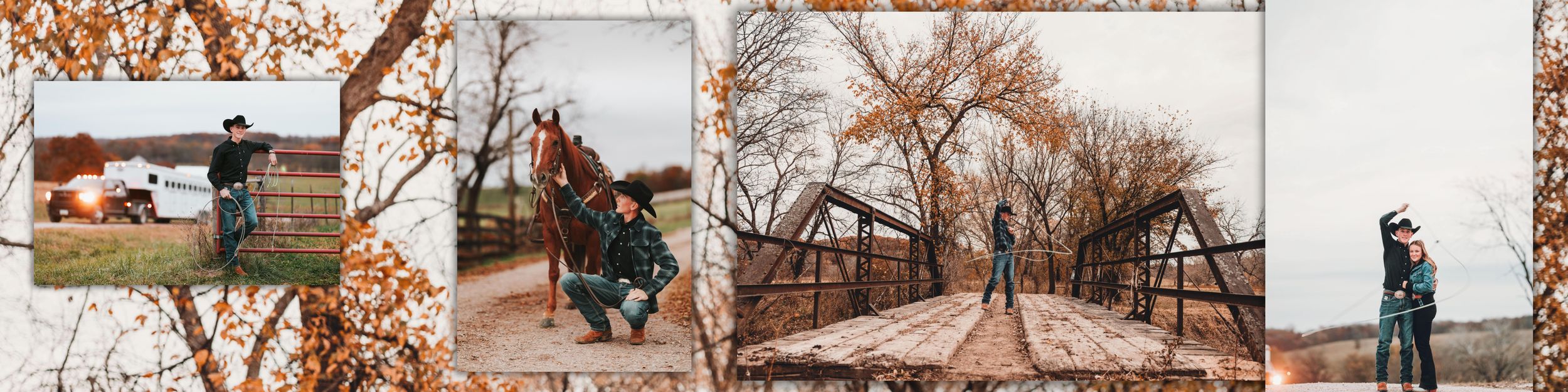 A rustic collage of autumn barn scenes with fall foliage and wooden structures in warm earthy tones.