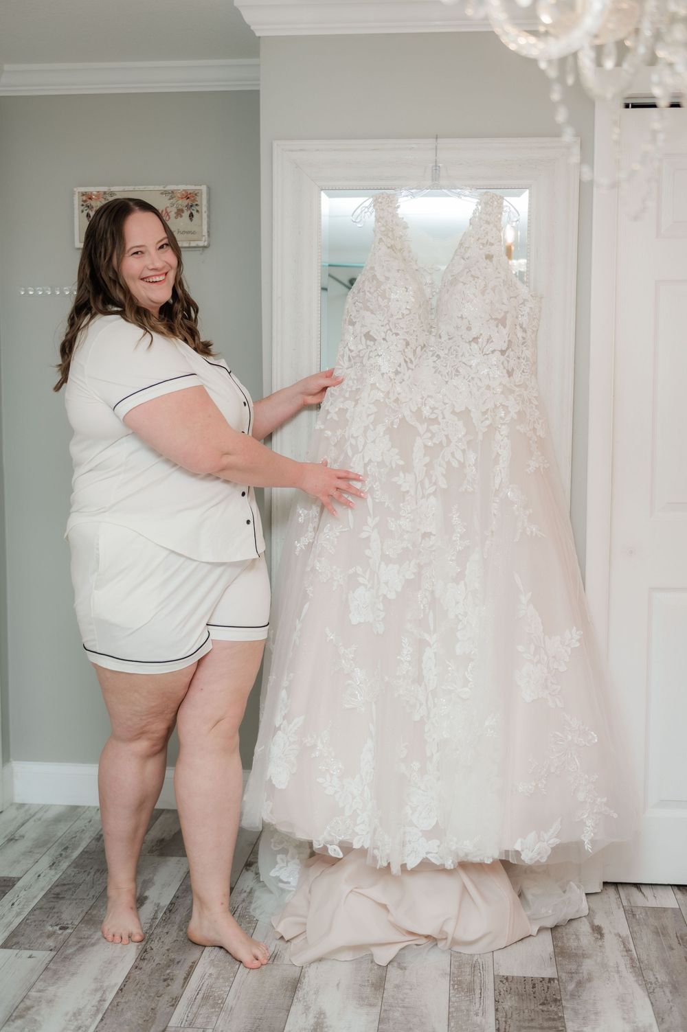 Collection of playful getting-ready moments showing white wedding dresses and sleepwear.
