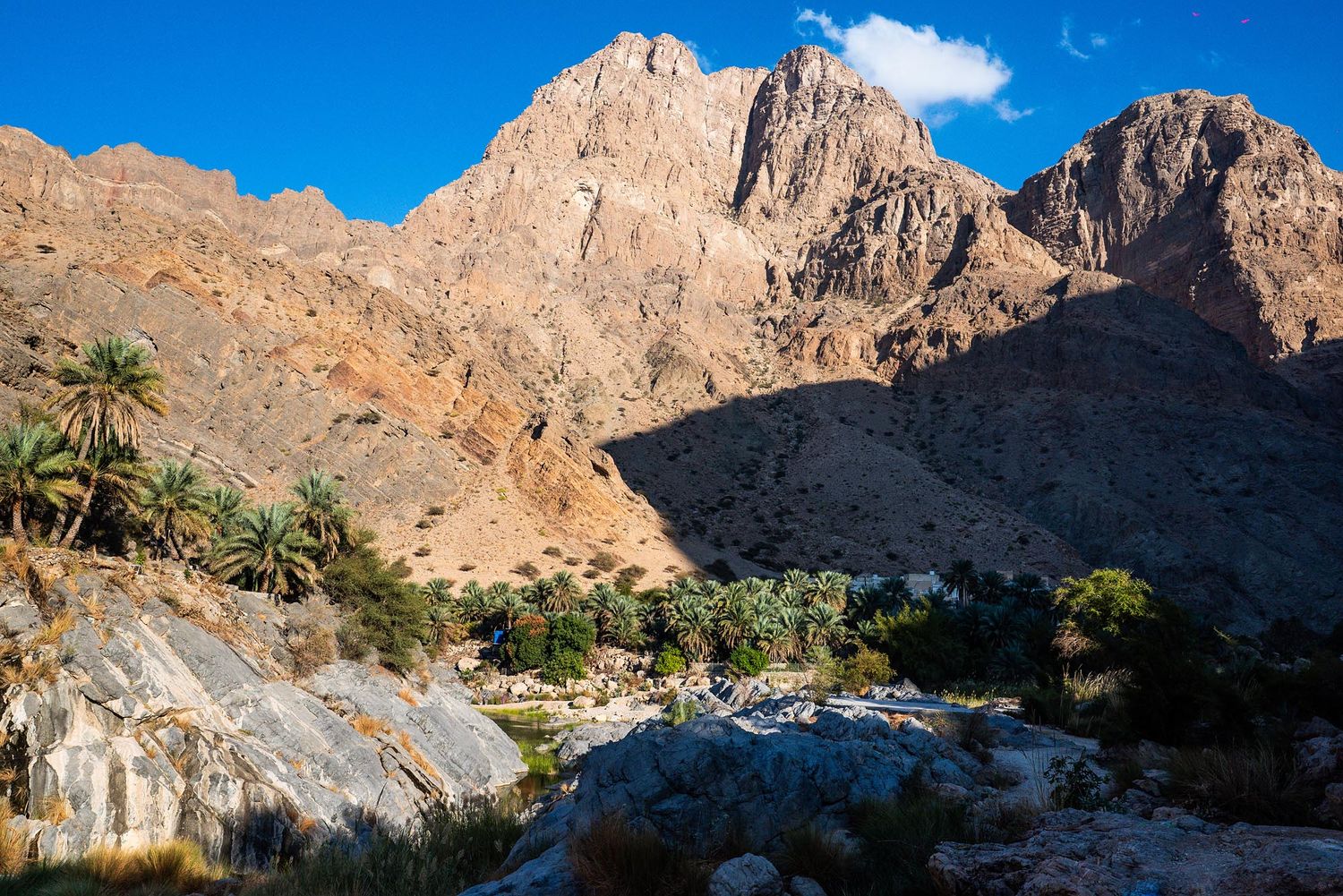 Scenic desert canyon landscape with towering red rock formations and rugged cliffs under bright blue skies. Wadi Al Arbeieen