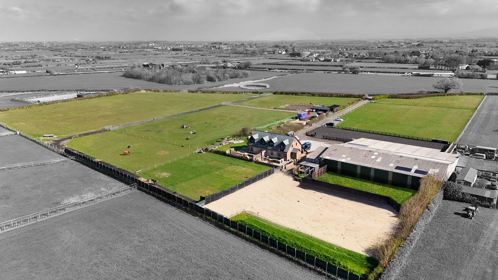 Aerial view of sports fields and facilities with selective color highlighting the green playing surfaces.