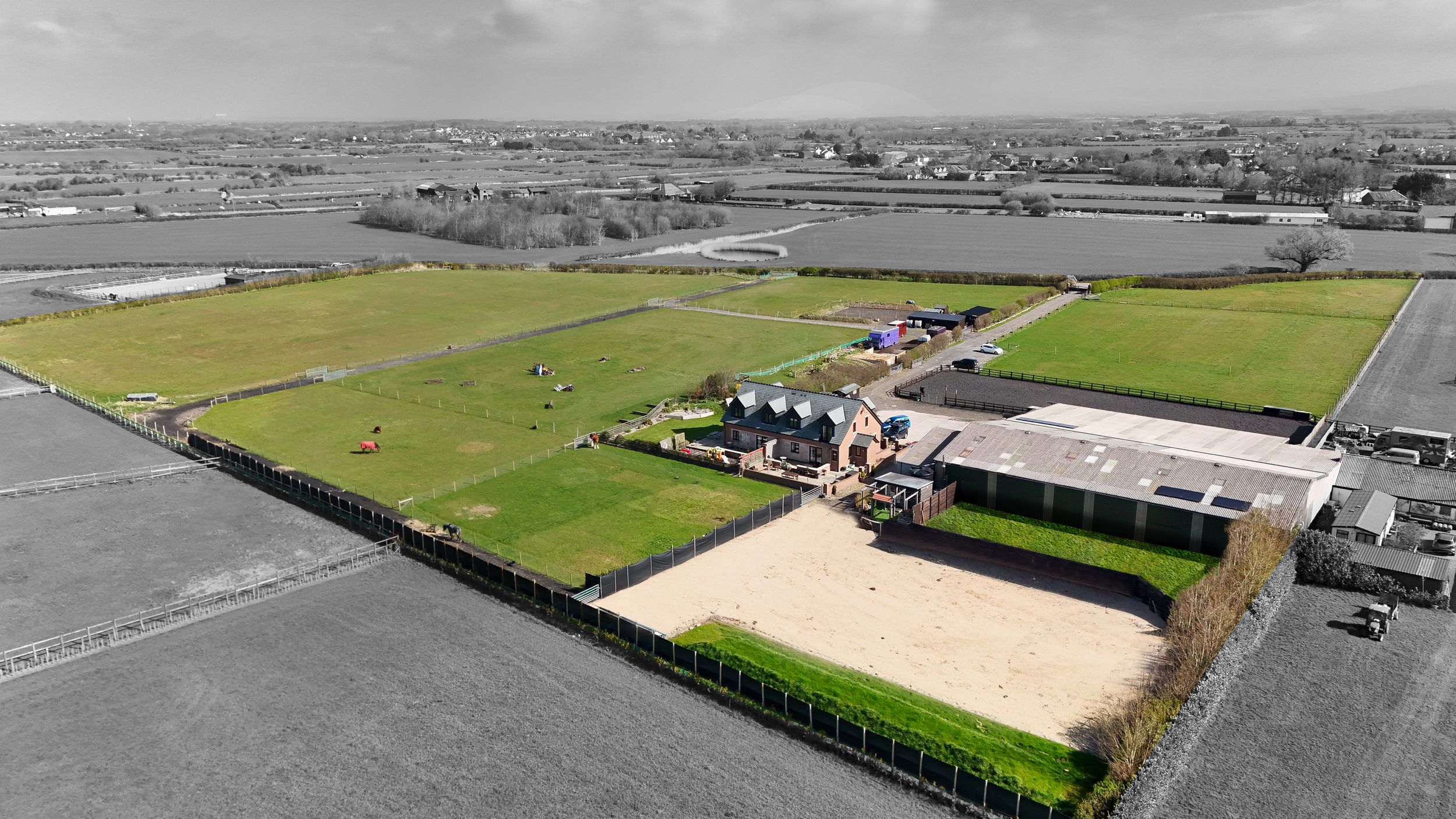 Aerial view of sports fields and facilities with selective color highlighting the green playing surfaces.