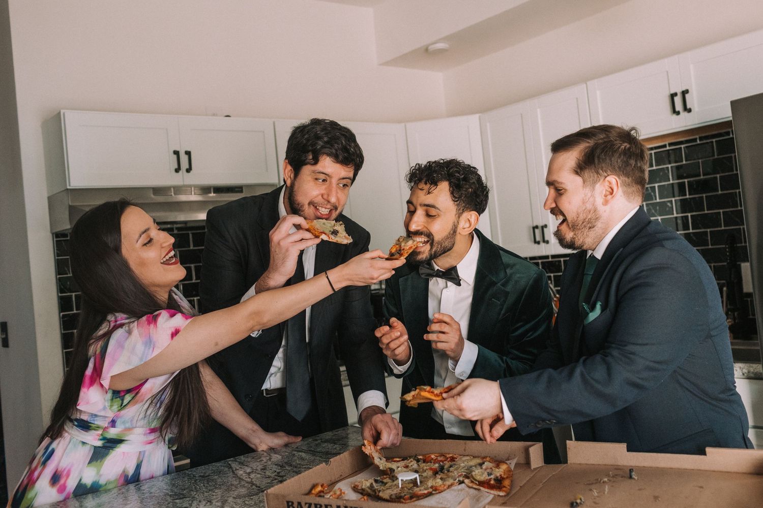 A sequence of candid moments showing wedding party guests taking shots together at a reception.