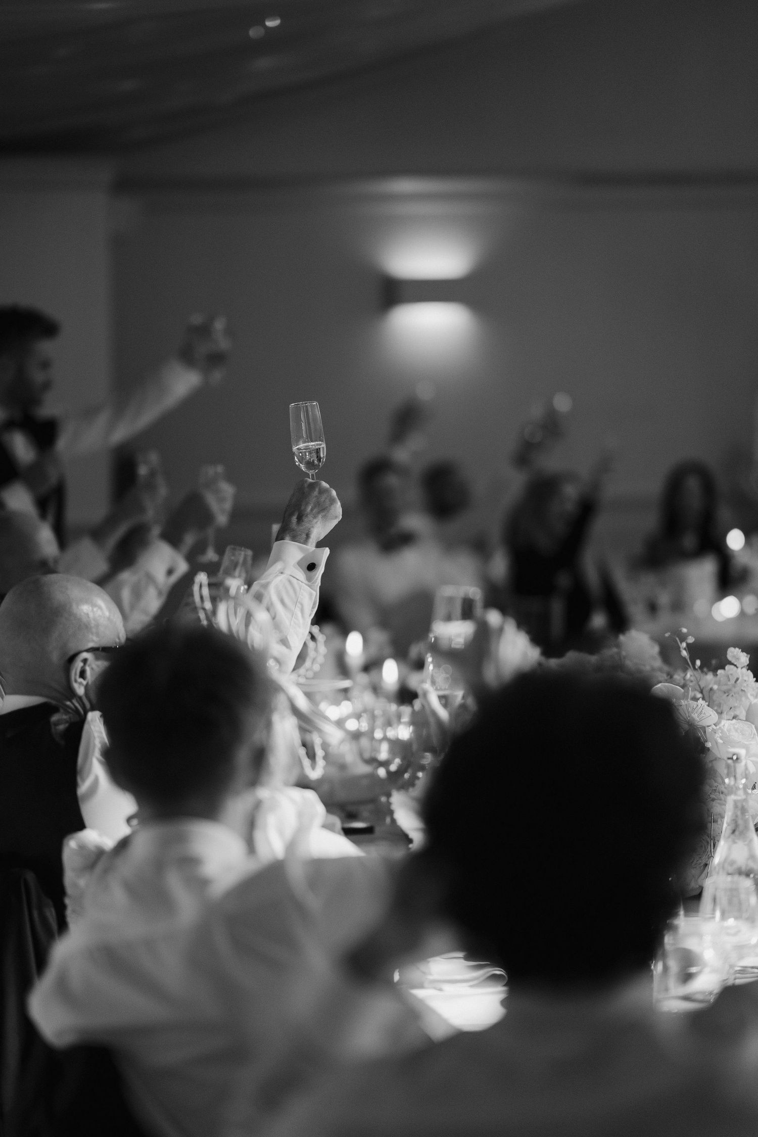 champagne glass raised during speeches at Iscoyd park