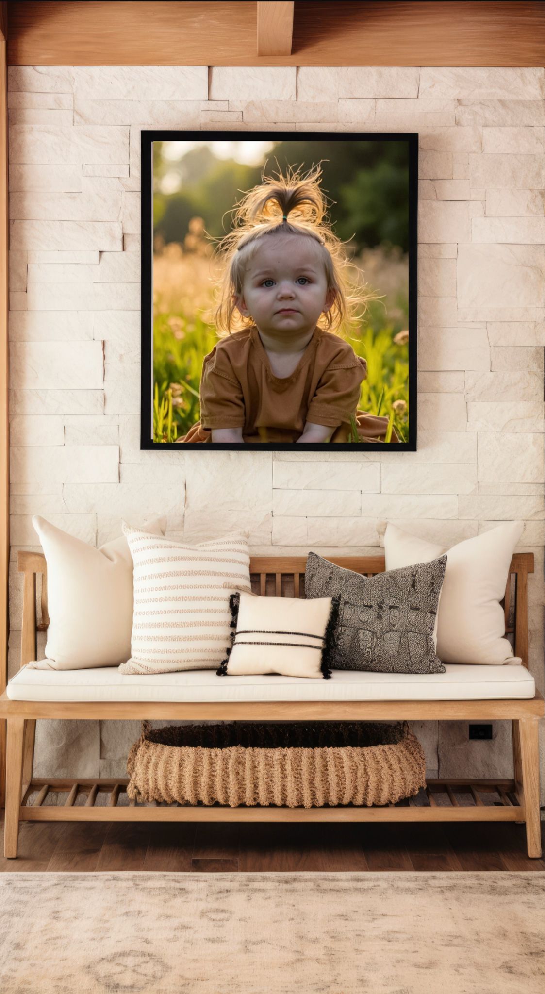 A series of wooden benches with white cushions against a brick wall displaying framed photographs in a modern interior.