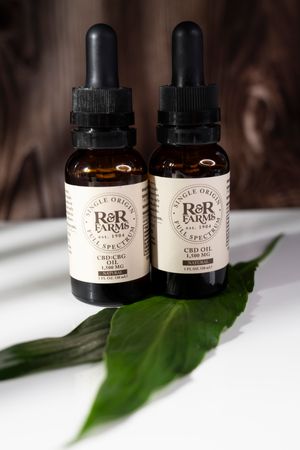 Two RnR Farms full spectrum CBD oil tincture bottles, 1500mg CBD and CBD+CBG, displayed on green leaf on white surface.