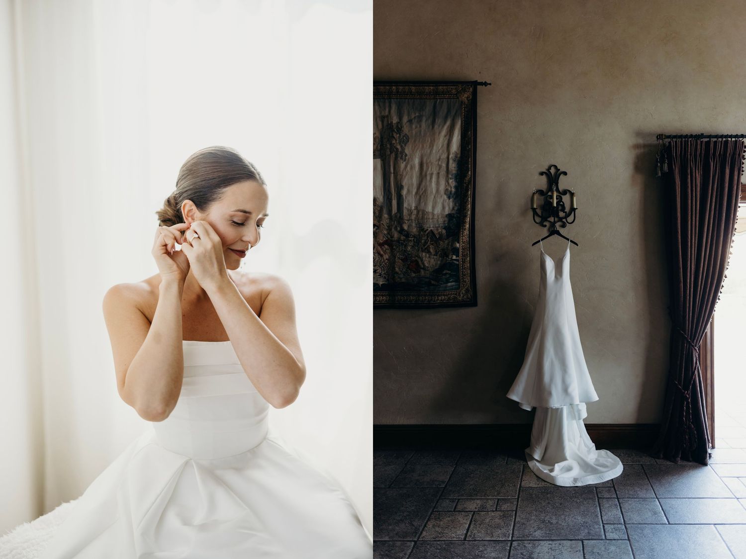 A sequence of photos showing a bride in a white wedding dress getting ready in a light-filled room.
