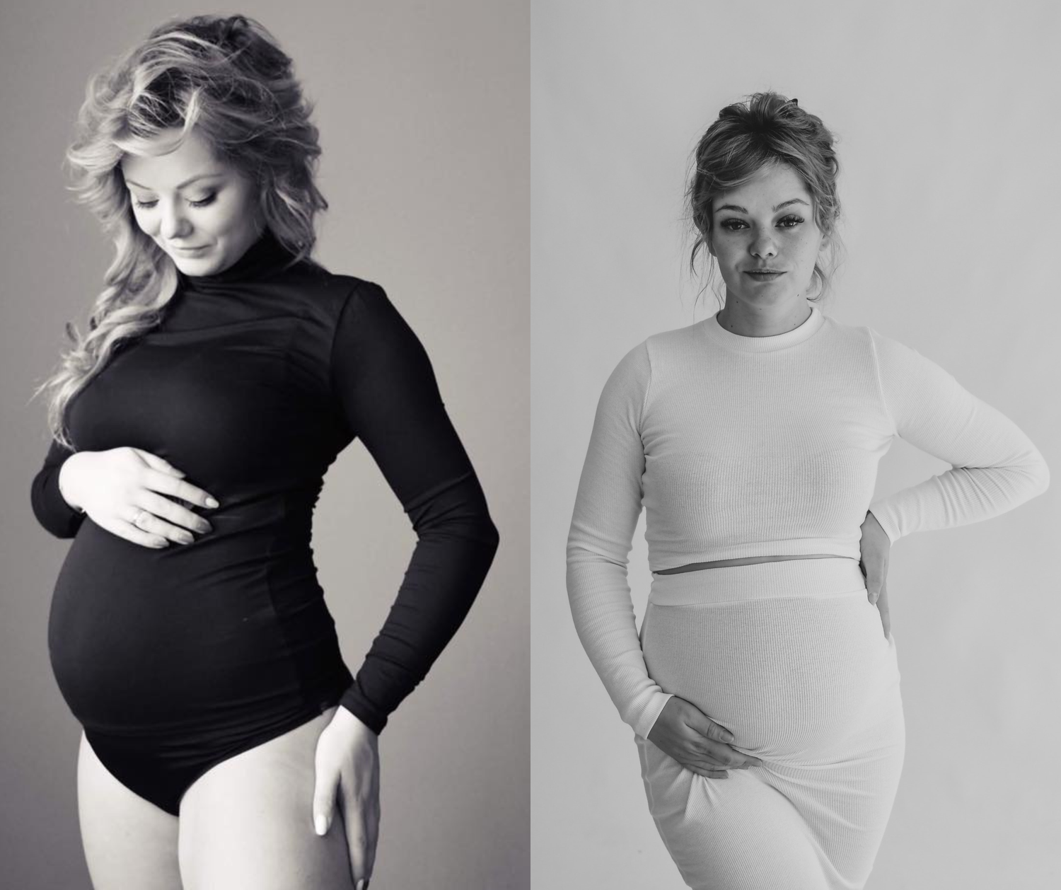 A series of black and white maternity photos showing a pregnant woman in profile wearing simple dark and light clothing.