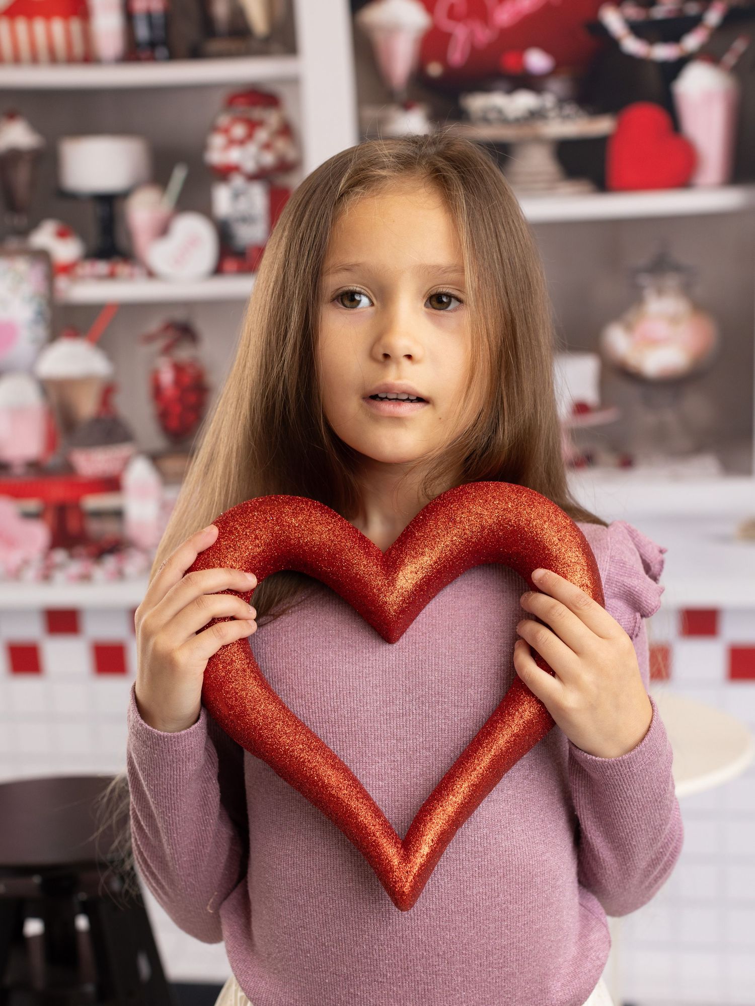 A young person in a purple sweater holds a sparkly red heart decoration against a festive holiday backdrop.