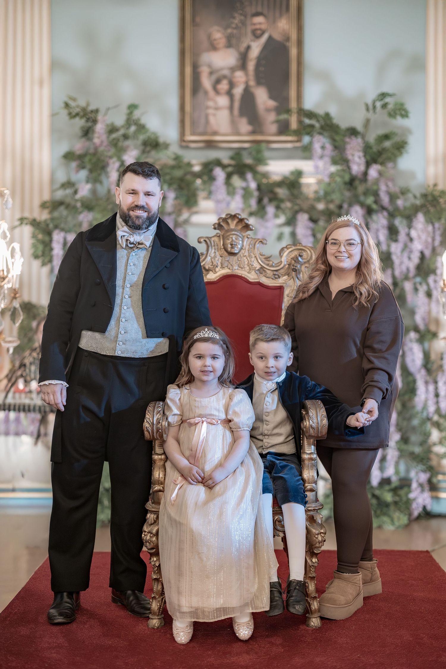 Bridgerton at Newark Town Hall in Nottinghamshire, photographed behind the scenes for the Netflix production. Lady Sarah and family.