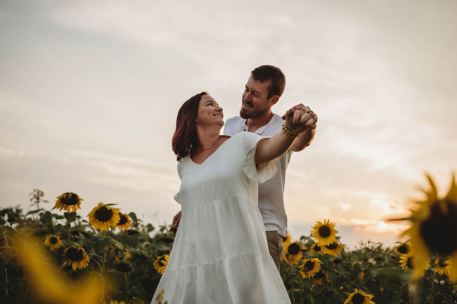 family photo, sunflower field, golden hour