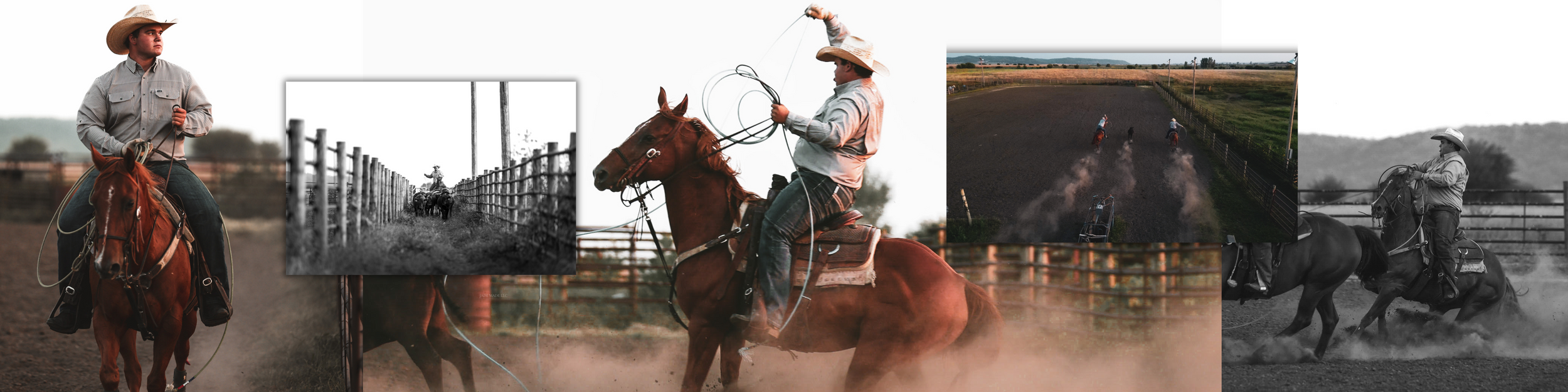 Western-themed photo strip showing action shots of rodeo riding and horse training.