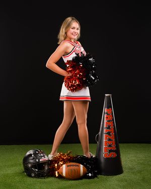 Cheerleader poses with football equipment and red megaphone against dark background in progressive action shots.