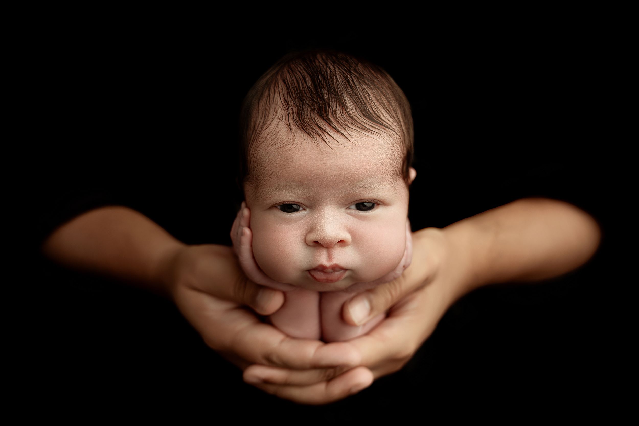 Newborn baby cradled gently in adult hands against black background in professional studio photography.