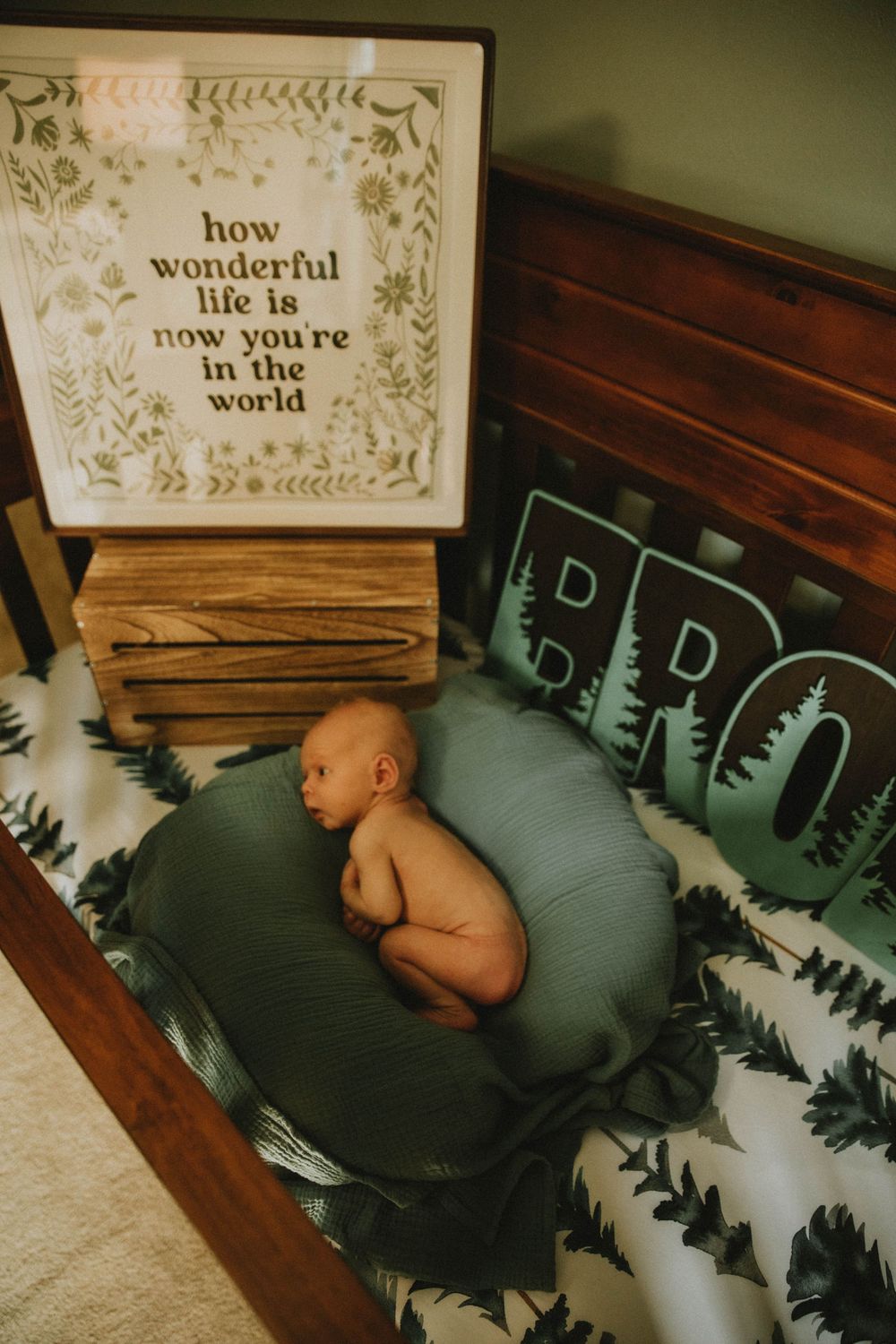 Baby sleeping peacefully on dark bedding with nature-themed decor and inspirational quotes on wooden wall.