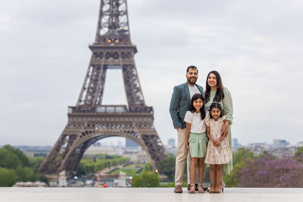 Three cropped photos lined up showing tourists posing in front of the iconic Eiffel Tower in Paris, France.
