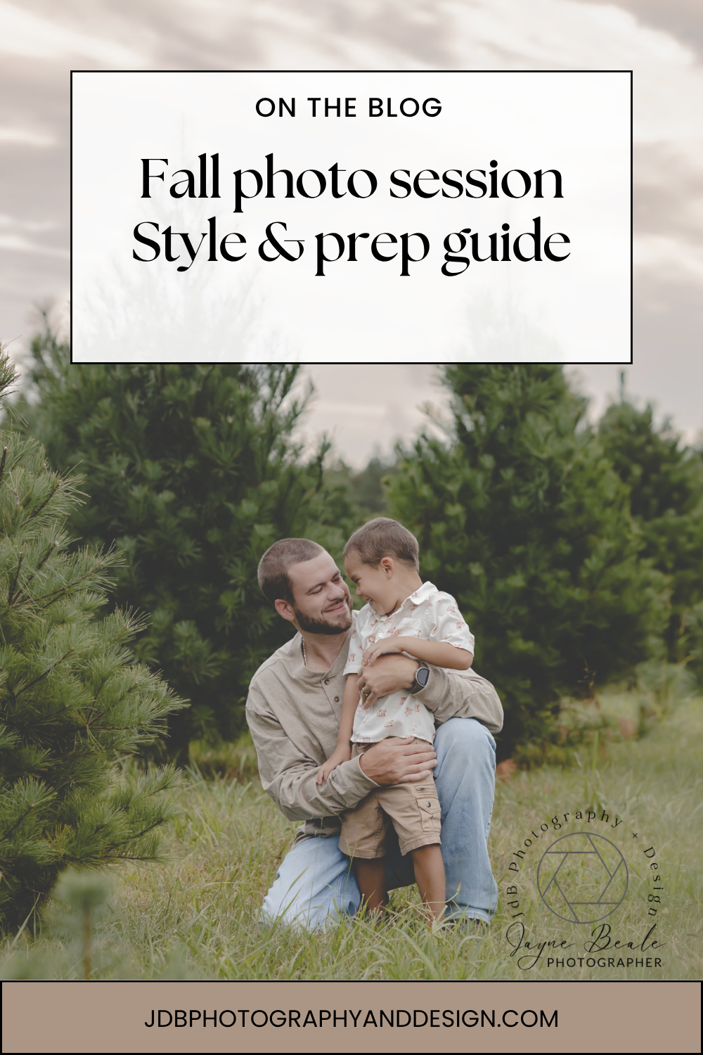 Promotional blog banner for fall photo session style guide showing outdoor family photography with pine trees in background.