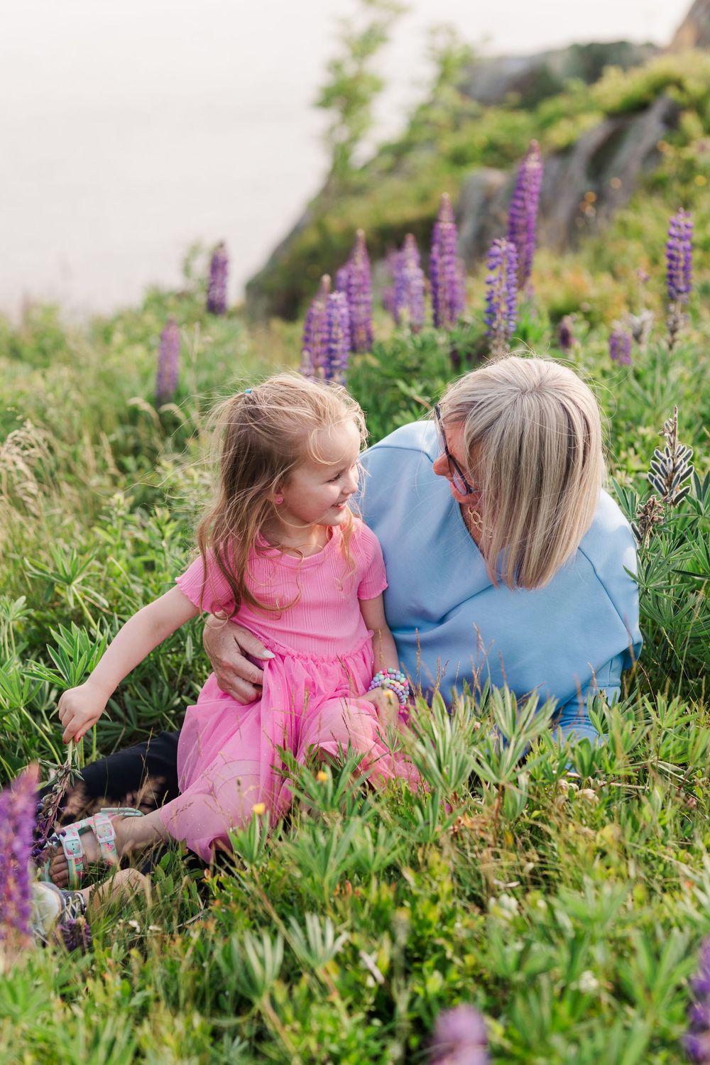 Two people lying in a meadow surrounded by vibrant purple lupine wildflowers in St. John's, Newfoundland