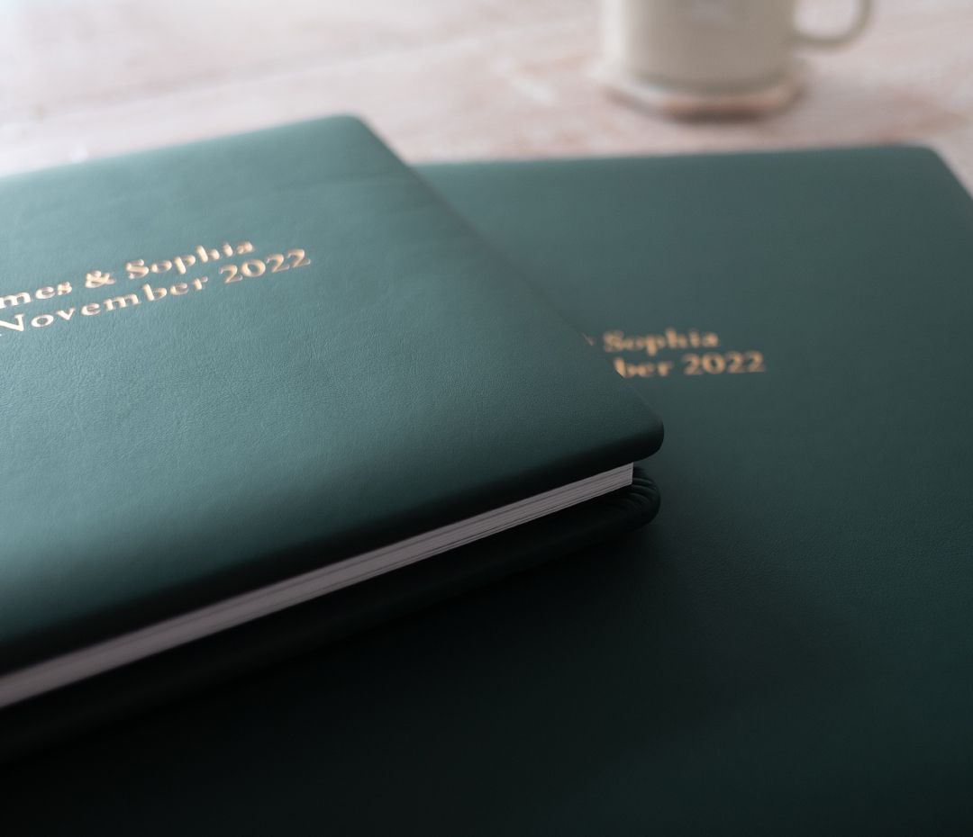 Four sequential photos showing a photo album cover in teal color with gold lettering getting progressively closer in view.